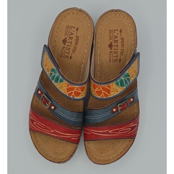 NWOB L'Artiste Spring Step Floral Multicolored Leather Wedge Sandal Size 40 US 9 - Picture 4 of 8